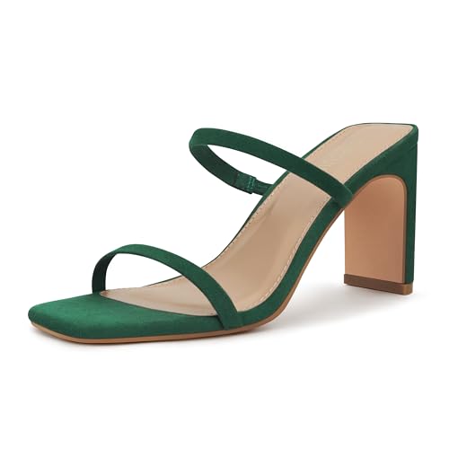Carcuume Women's Square Toe Two Strap Open Toe Block Heels Sandals Slip On Shoes,FAUNA-Green Su-8