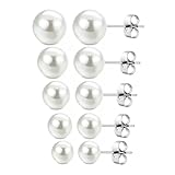 BLPRKOT 5 Piezas Pendientes de Botón para Mujer en Plata de Ley 925 con Perlas de Agua Dulce, Pendientes de Perlas Blanca, Clásicos Pendientes Plata Perlas Naturales Hipoalergénicas (3-7mm)