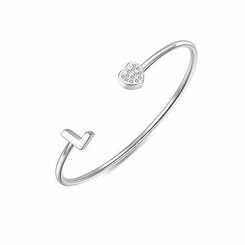 Image of VQYSKO Heart Initial Cuff Bracelets for Woman-CZ Stainless Steel Adjustable Open Bracelet Woman Jewellery,Birthday Gifts for Woman