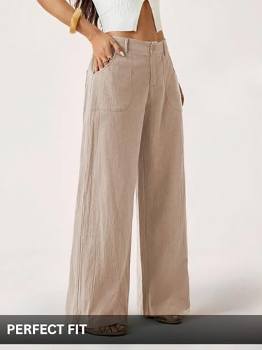 Image of GRECIILOOKS Beige Wide Leg Linen Trousers for Women | High Waist Cotton Baggy Korean Style Casual Pants | Comfortable Formal & Casual Women Trousers