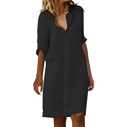 Casual Dresses for Women Oversized Collar Button Down 3/4 Sleeve Linen Dress Simple Summer Dress for Women's Dresses