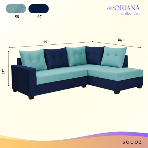 Image of SOCOZI Oriana 4 Seater RHS L Shape Sofa Set | Soft Velvet Suede Fabric | Modern Design | Plush Comfort Cushions for Living Room (Sky Blue-Dark Blue)