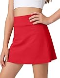HASMES Girls Tennis Skirt with Shorts High Waist Athletic Skort with Pockets Golf Cheer Running Red