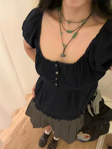 Women Teen Girls Cute Tops Short Sleeve Button Front Low Cut Ruffle Crop Top Vintage Aesthetic Coquette Shirts4