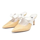 Picture of MIRAAZZURRA Mule Heels for Women Raffia High Heels Bow Heels Pointed Close Toe Mules Slip On Stiletto Heels for Bridal Wedding Dress Party - Apricot 7