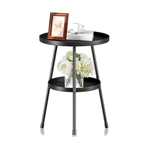 Small Side Table Round 2 Tier End Table Metal Round Coffee Tables Nightstand for Small Spaces Indoor Outdoor and Living Room Bedroom or Office