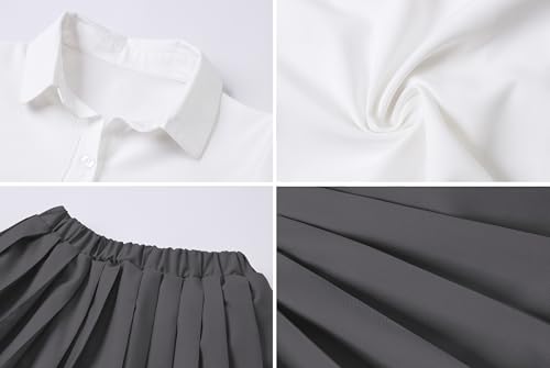 Image of Betusline Girls Skirt Set JK School Uniform 2-Piece Outfit - Short Sleeve Shirt with Bow & Pleated Skirt 4T-14Y