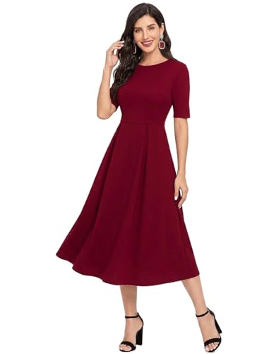 Image of LONDON BELLY Women's Regular Fit Polyester Blend Midi Flare Dress with Round Neck 3 /4 Sleeves Calf Length Solid Pattern and Pull On Closure Type |One Piece Dress for Women