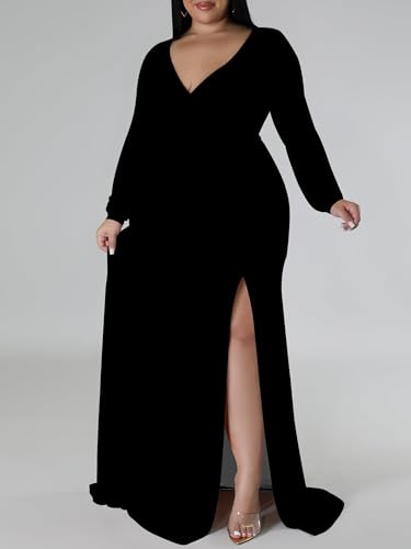 Image of PinkPatty Women's Plus Size Long Sleeve Maxi Dress Casual V Neck Slit Tie Waist Wrap Dresses for Party Cocktail