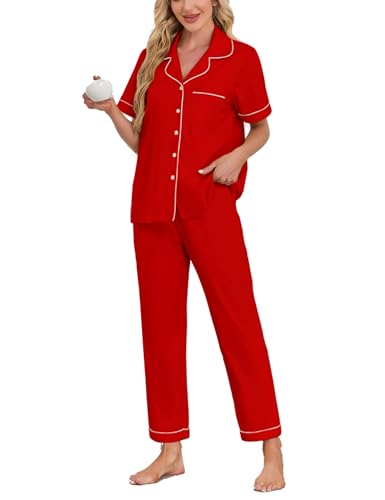 Image of COLORFULLEAF Women's 100% Cotton Pajamas Set Button Down Sleepwear Short Sleeve Shirt and Long Pants Soft Ladies Lounge Sets