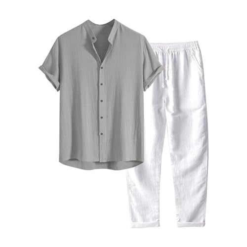 Summer Linen Tracksuit for Men - 2-Piece Casual Outfit Cotton Walking Suit for Beach, Holiday Leisure Wear, gray, m