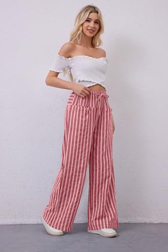 Image of MISSACTIVER Women Drawstring Striped Pants Loose Wide Leg Trousers Casual Low Waist Pants Comfy Lounge Pants with Pockets