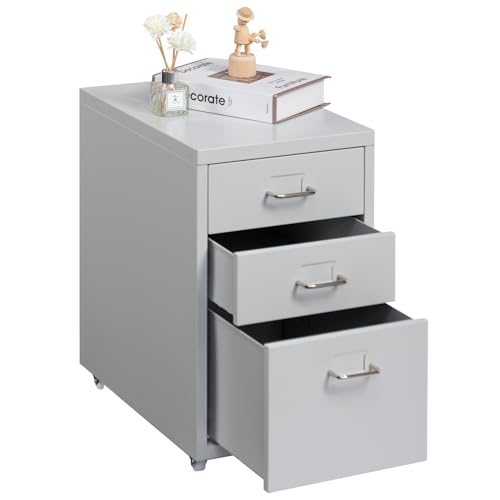 HollyHOME Archivador móvil de 3 cajones, archivador, organizador rodante debajo del escritorio, armario de almacenamiento de metal con ruedas para el hogar y la oficina, color gris claro ✅