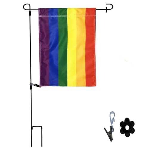 A AIFAMY Garden Flag Stand with Stopper and Anti-Wind Clip 36.2" H x 16.5" W Decorative Flag Pole Stakes (with Rainbow Flag)