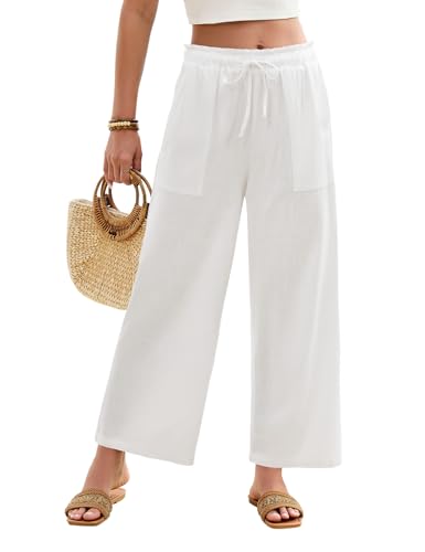 CMTOP Pantalon Lin Femme Été Fluide Chic et Elegant 7/8 Pantalon Taille Elastique Ample Décontractée Léger Pantacourt Solide Couleur Droit Pants avec...