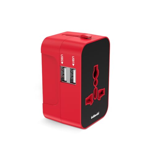 Image of Goldmedal Bolt Universal Travel Adaptor | 2 Type-A USB Ports for Quick Charging | Supports Variety of Plug Types| Perfect for International Travel - Black & Red | Supports Variety of Plug Types| Perfect for International Travel - Black & Red