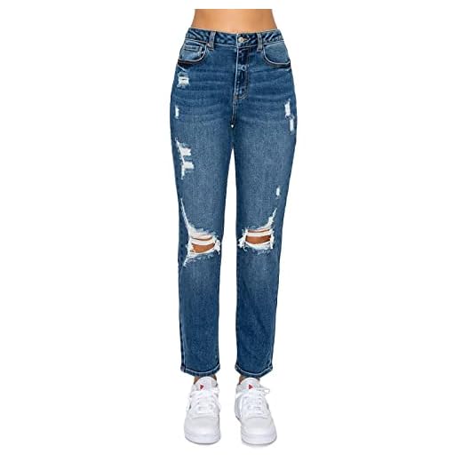 WAX JEAN Women's Mom Jean with Blown Out Knee, Dark, 7