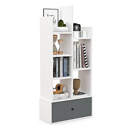 GOPLUS Librería de 7 Niveles, Estantería Libros de Madera con Cajón, Estante Expositor con Dispositivo Antivuelco, para Salón, Dormitorio, Oficina, 53 x 24 x 118cm (Blanco)
