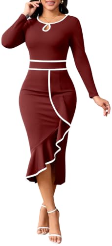 Image of Women's Elegant Church Vintage Bodycon Dress Casual Long Sleeve Work Business Pencil Split Sheath Midi Dresses