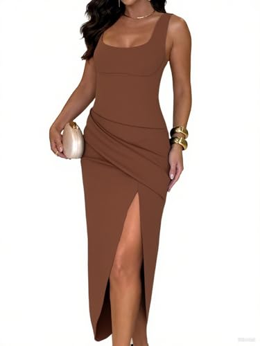 Women's Square Neck Cocktail Dress for Women Bodycon Midi Dresses Elegant Ruched High Slit 2025 Party Dress