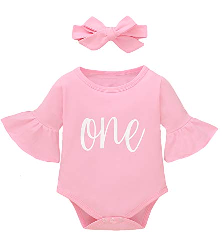 Shalofer Baby Girl First Birthday Outfit Toddler Bell Sleeve Romper with Headband (Pink-Short Sleeve,12-18 Months)