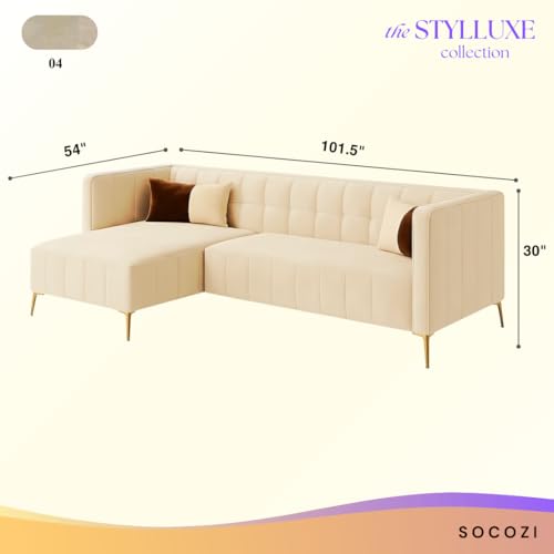 Image of SOCOZI Stylluxe 6 Seater Velvet Fabric LHS L Shape Sofa Set for Living Room |Fabric L Shape Sofa Set for Home & Office (Cream)