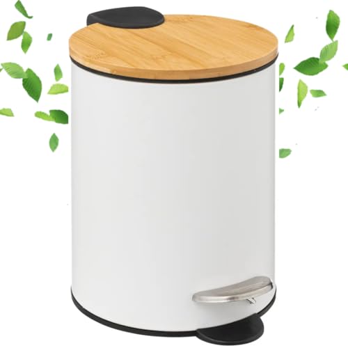Solty - Cubo basura baño con tapa de bambú - 3L - Papelera de metal con cubo y pedal - Ideal para baño, cocina o escritorio - 17 cm x 22,5cm x 24,5 cm