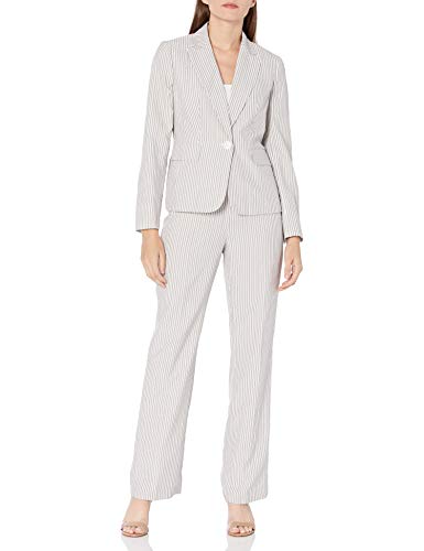 Le Suit Women's 1 Button Peak Lapel Pinstripe Seersucker Pant Suit, Grey/White, 16