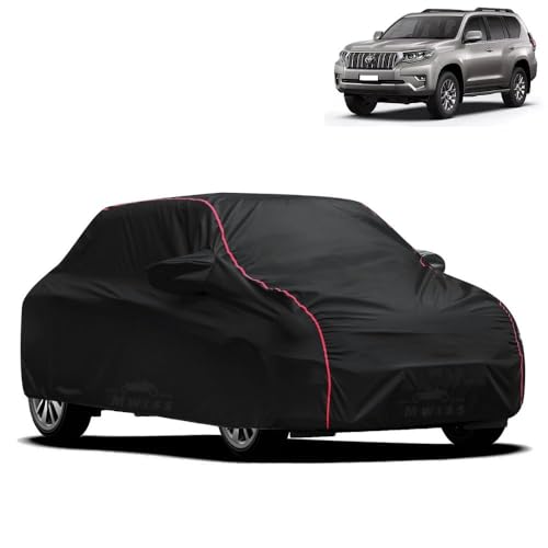 Image of Waterproof Car Cover for Toyota Land Cruiser Prado | All-Weather Protection, Dustproof & UV Resistant | Triple Stitched Mirror Pockets, Windproof Buckle Strap with Elastic Hem, Black-Red Piping