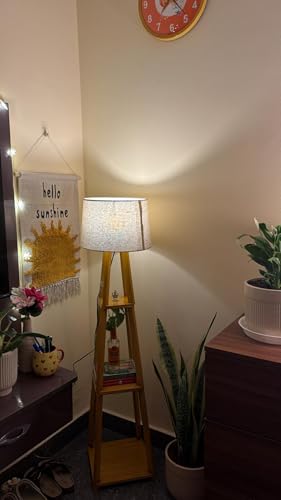 Generic Wooden Floor Lamp with Shelves, Tripod, Brown - Image 8