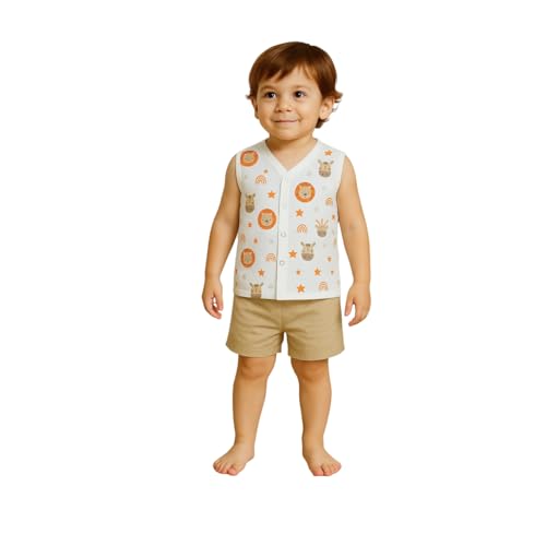 Image of Kidbea Newborn Baby Jhabla Muslin Cotton Clothes for Boys & Girls | Soft Breathable, Cute Printed Sleeveless Baby Wear with Button Closure