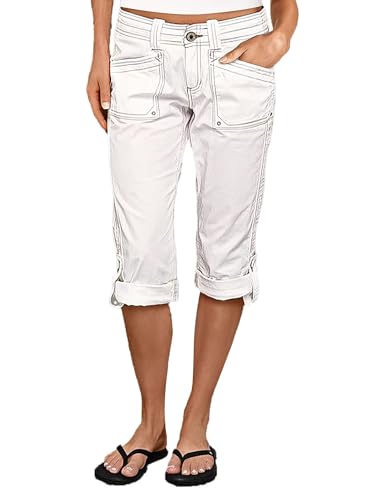 Flamingals Bermuda Shorts for Women Mid Rise Roll Hem Cargo Capris Summer Casual with Flap Pocket