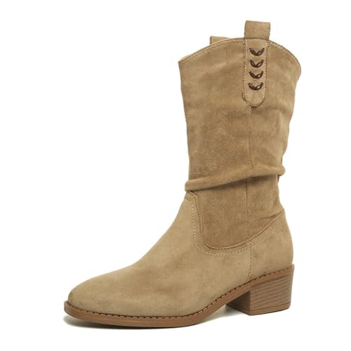 ENEN Botas Cowboy de Mujer Piel, 35-42 EU Botas Cowboy de Mujer Media Caña Cierre de Cremallera Comodas y Elegantes Estilo Vaquero Campera para Otono Invierno al Aire Libre (104 Caqui,36)