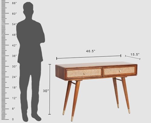Image of Fern Rattan Solid Wood Study Table | Cane Work Writing Table with 2 Drawers | Mango Woods, Honey Ideal for Home Decor