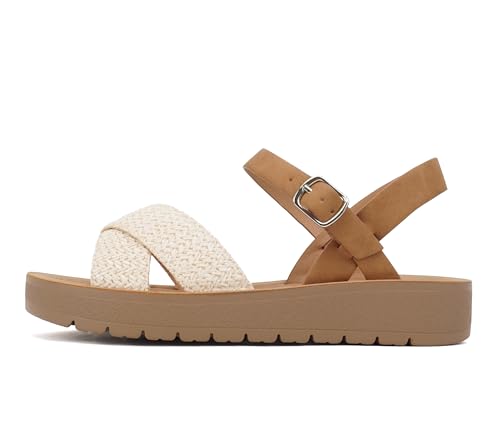 Image of Soda CHESTER ~ Women Flat Sandals Flatform Ankle Buckle Criss Cross Band Straps Sandals Shoes (Gold Raffia, 5.5)