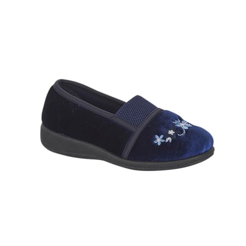 Jo & Joe WENDY – Wide Fit Comfort Slipper with Embroidered Detail, Soft Textile Upper, Cushioned Insole & Easy Gusset Entry 4-8 (Navy, 5 uk, UK Footwear Size System, Adult, Women, Numeric, Wide, 5)