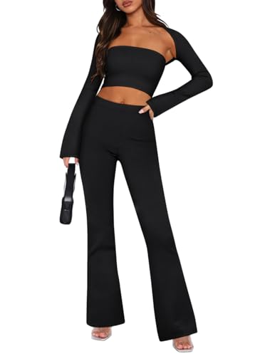 Image of REORIA Womens Fall Two Piece Sets Going Out Outfits Long Sleeve Cardigan with Tube Crop Tops And Flare Pants Lounge Sets