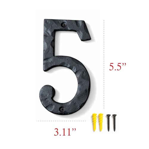 Image of NACH House Numbers for Outside, 5.5 inch Black Address Numbers for House - Number 5 - Rustic Numbers for Outside with Mounting Hardware