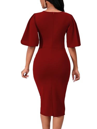 Image of WanMem Womens Basic Bodycon Ruffle Flared Short Sleeve Pencil Midi Dress