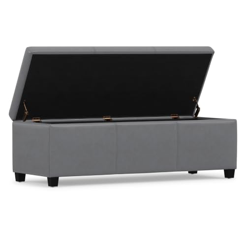 Image of SIMPLIHOME Avalon 48 inch Wide Vegan Leather Storage Ottoman in Stone Grey