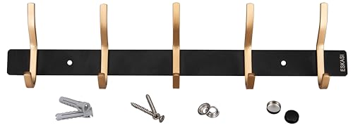 ESKASI Garderobenleiste 38cm mit 5 Haken, Wandmontage-Set inkl. Fischer Dübel, Kleiderhaken Halterung rostfreier Edelstahl, Hakenleiste für Eingang, Flur, Bad, Küche (Schwarz/Gold, 5 Haken)