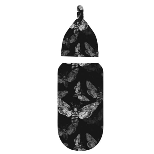Image of ALYYDFF Butterfly Acherontia Moth Dark Black Newborn Swaddle Blankets Hat Sets Receiving Blanket Gifts for Infant Baby Boy Girl (0-6 Months)