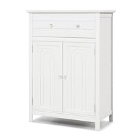 COSTWAY Bathroom Floor Cabinet, Freestanding Storage Cupboard with Drawer, Double Door and Adjustable Shelf, Wooden Bathroom Unit Side Cabinet for Living Room Hallway, 60x30x80cm (White)