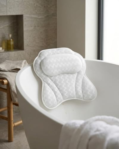 Image of Premium Bath Pillow with 6 Strong Suction Cups, Soft Mesh Neck and Back Support, Ergonomic Tub Pillow for Relaxing Bath, White by Texco International