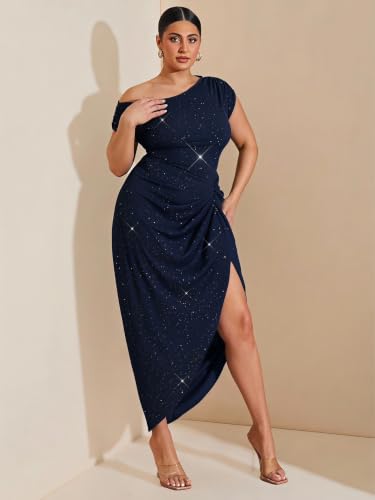 Image of Floerns Women's Plus Size Asymmetrical Neck Long Dress Ruched Slit Hem Cocktail Dress