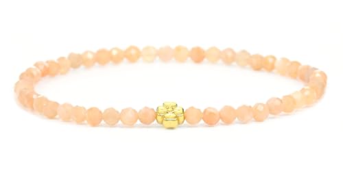 Bracelet en pierre de soleil véritable pierre précieuse avec perles à facettes de 4mm et fleur en acier inoxydable - différentes longueurs - bracelet en pierres précieuses porte - bonheur cadeau