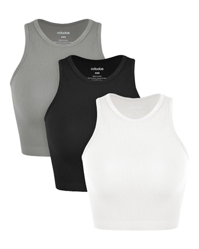 Image of ODODOS 3-Pack Seamless Crop Tank for Women Ribbed Soft High Neck Cropped Tops