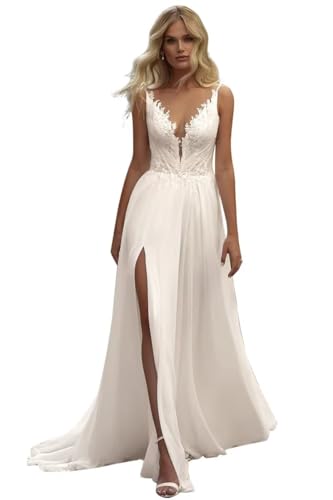 Ivory Tulle Wedding Dresses for Women 2026 Plus Size Long Spaghetti Straps V Neck Lace Backless Slit Boho Bridal Wedding Gowns for Bride US26