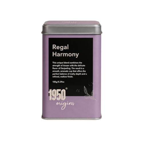Image of 1950 Origins Regal Harmony Darjeeling Long Leaf Black Tea and Premium Assam CTC Blend | 150g Tin Caddy |100% Natural Fresh & Aromatic Loose Leaf Tea | Kadak Chai | Chaipatti | Darjeeling First Flush | Assam Loose Chai