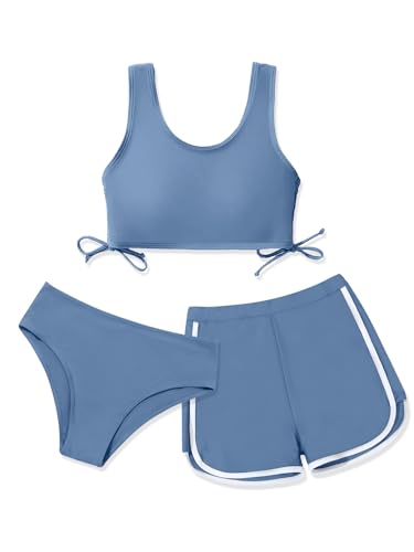 Image of Girl's 3 Piece Bikini Bathing Suit Printed Sport Swimsuits with Shorts Cove Up Sets Teen Girl's Swimwear